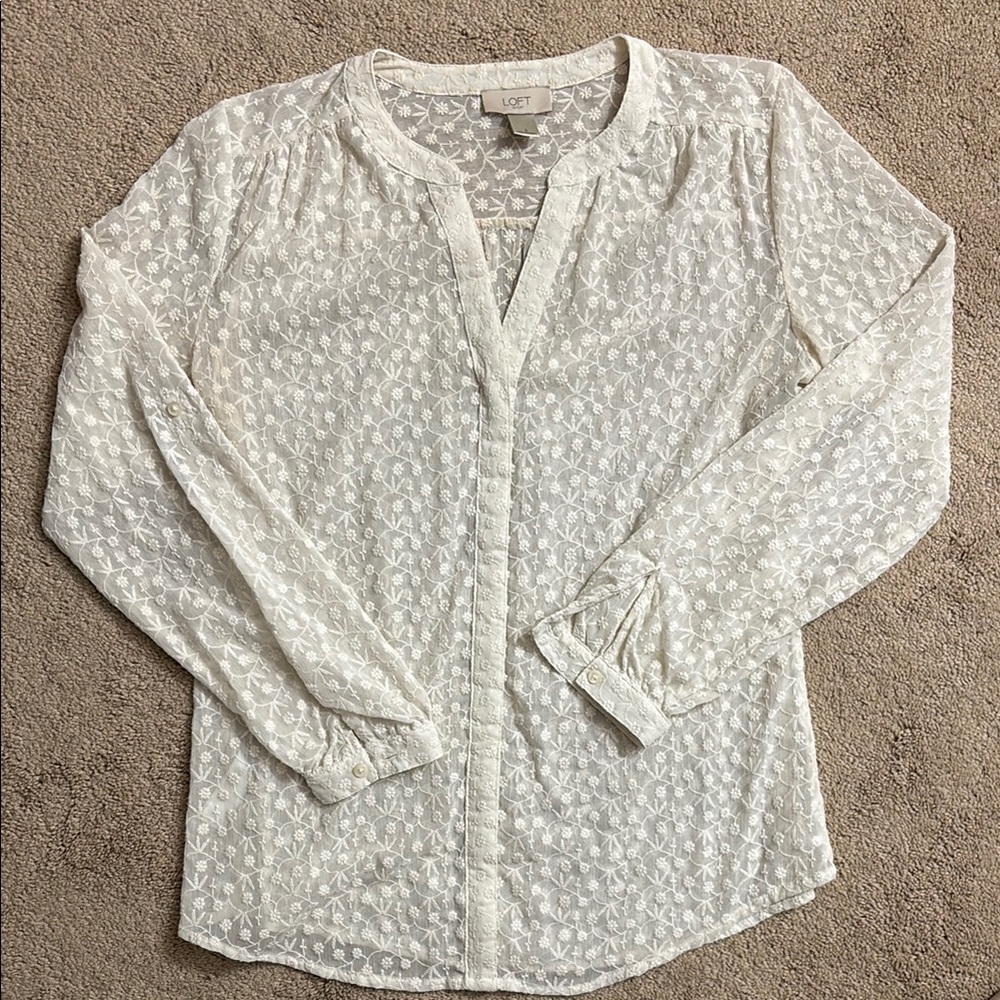 LOFT Cream Embroidered Blouse with Mandarin Collar